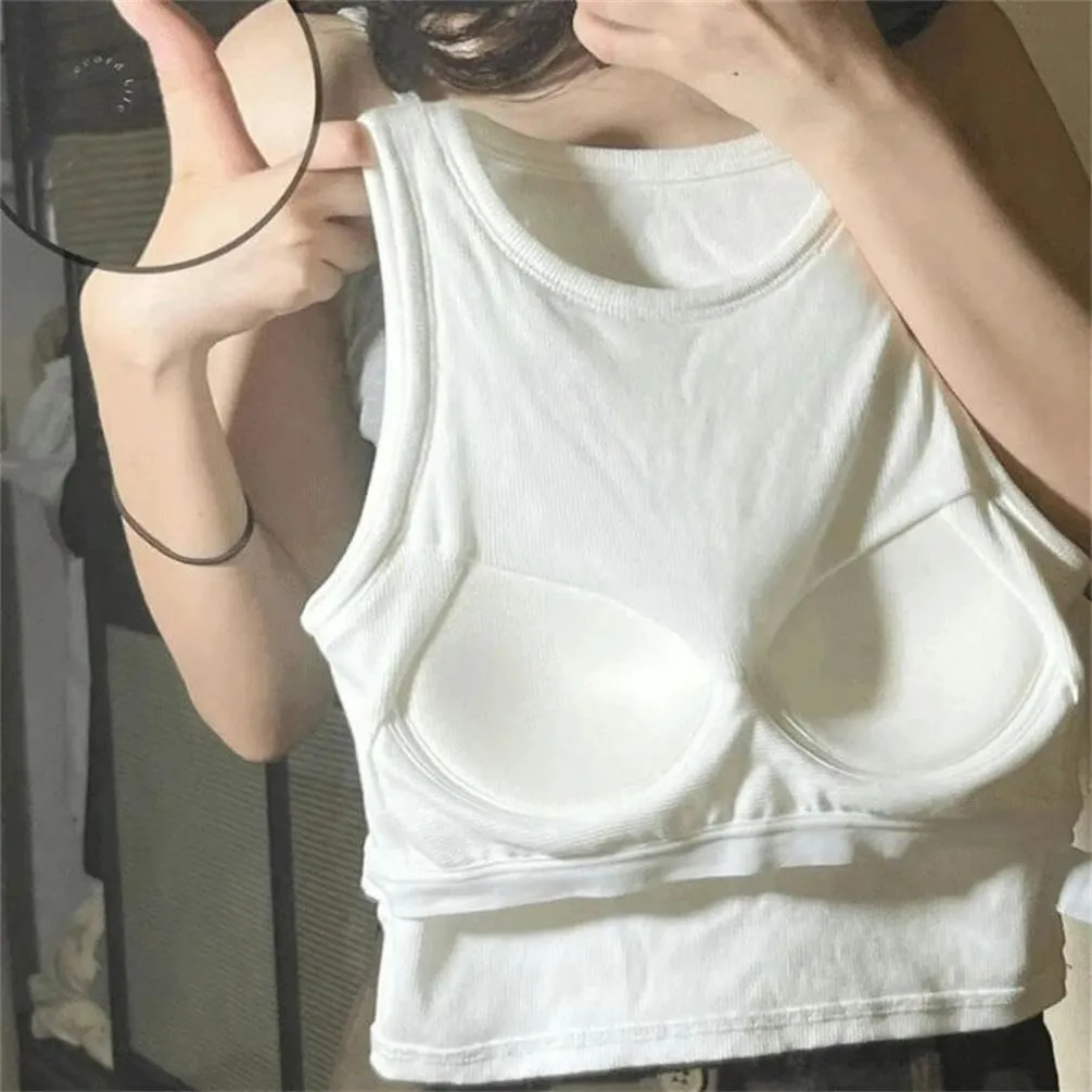Women's Tops Solid Color Short Sleeveless Tight Camisole with Breast Pads Basic Underwear Padded Bra Tops Sports Style