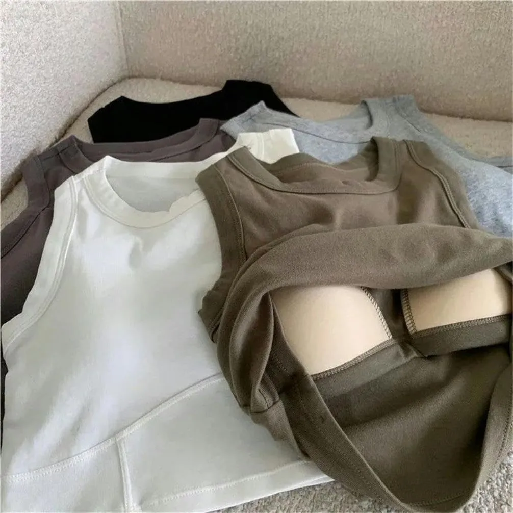 Women's Tops Solid Color Short Sleeveless Tight Camisole with Breast Pads Basic Underwear Padded Bra Tops Sports Style