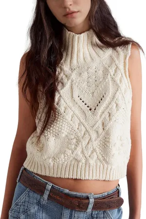 Womens Turtleneck Sweater Vest Crochet Cable Knit Sleeveless Vest Tops Casual Summer Boho Chunky Tank Pullover