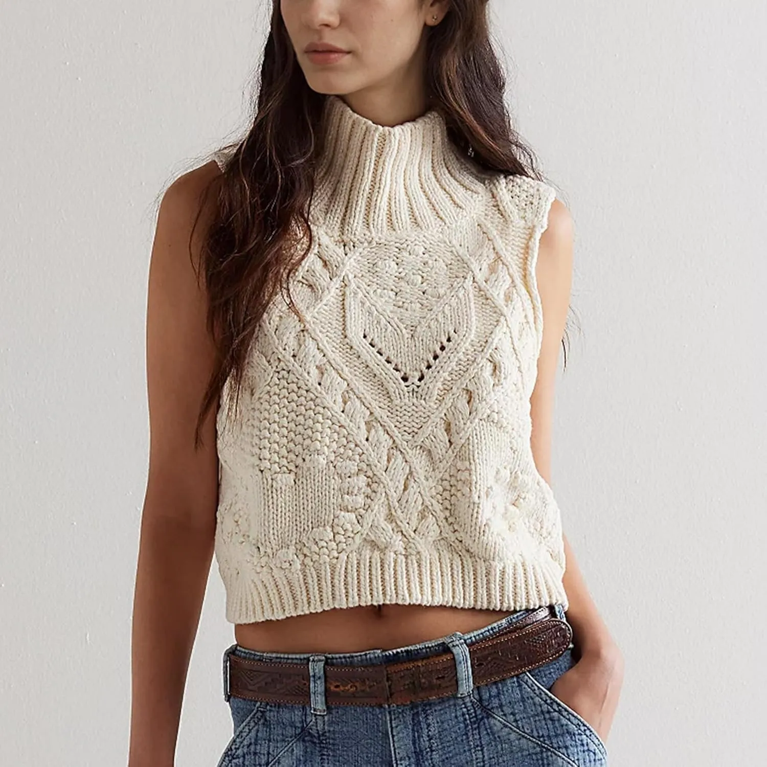 Womens Turtleneck Sweater Vest Crochet Cable Knit Sleeveless Vest Tops Casual Summer Boho Chunky Tank Pullover