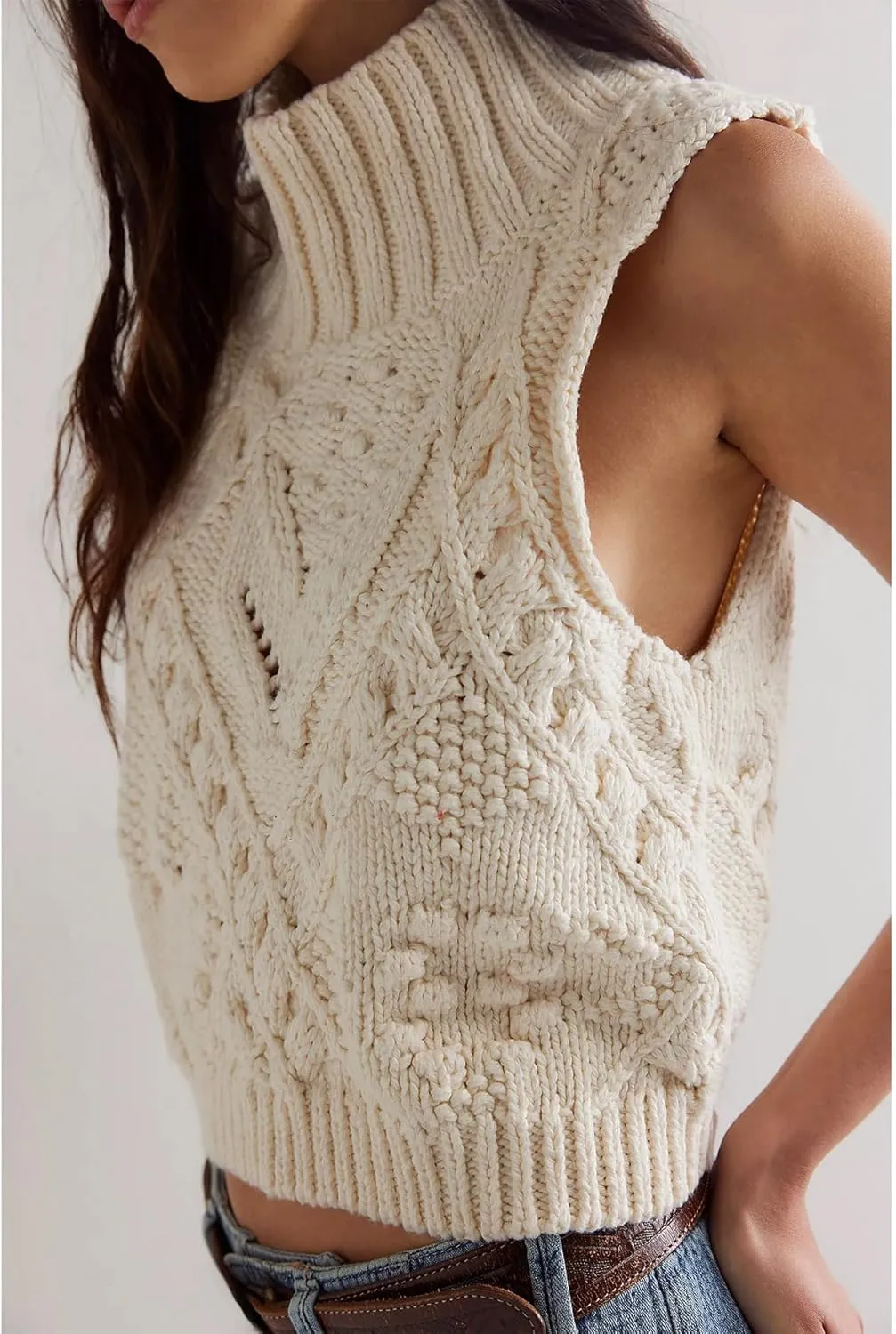 Womens Turtleneck Sweater Vest Crochet Cable Knit Sleeveless Vest Tops Casual Summer Boho Chunky Tank Pullover
