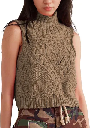 Womens Turtleneck Sweater Vest Crochet Cable Knit Sleeveless Vest Tops Casual Summer Boho Chunky Tank Pullover