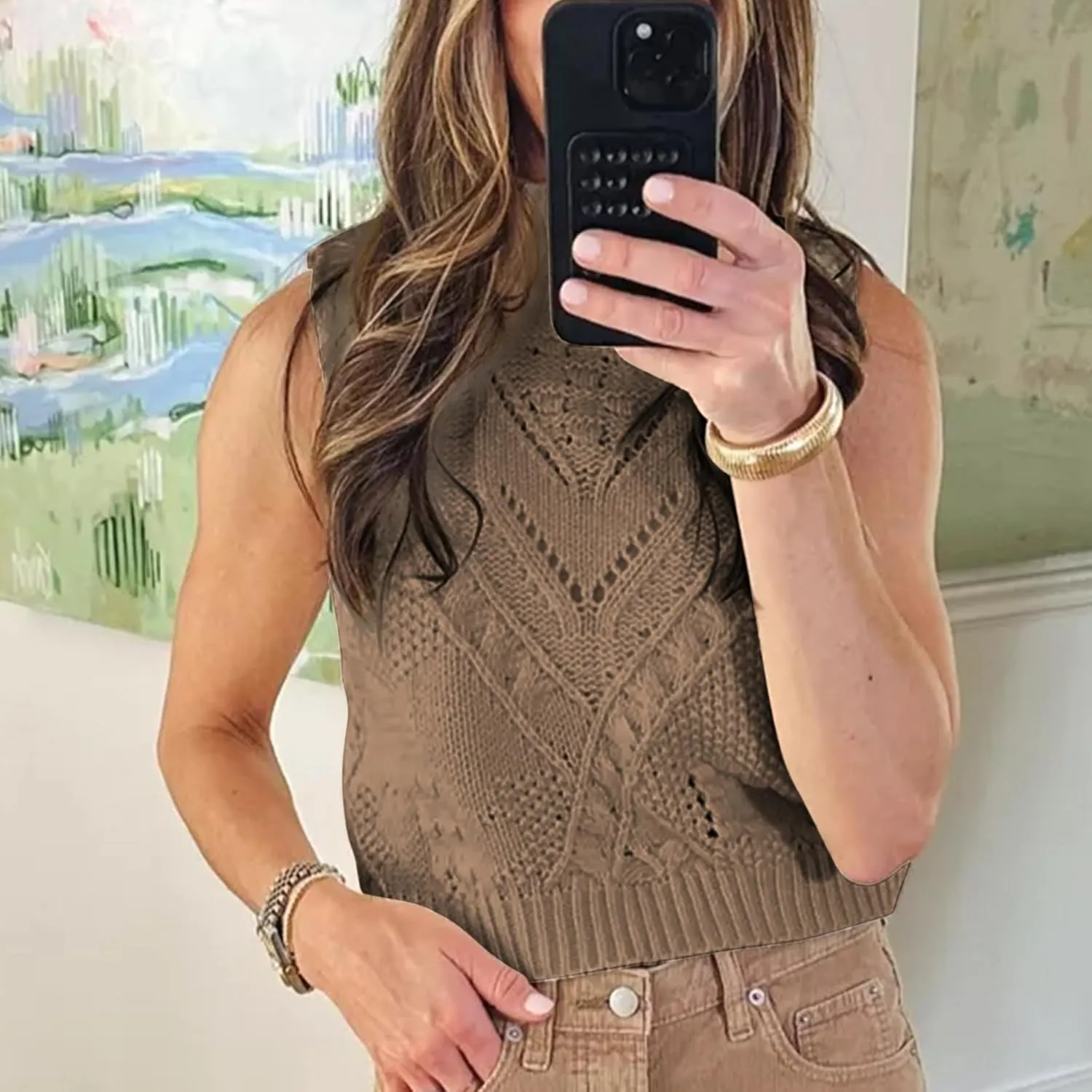 Womens Turtleneck Sweater Vest Crochet Cable Knit Sleeveless Vest Tops Casual Summer Boho Chunky Tank Pullover