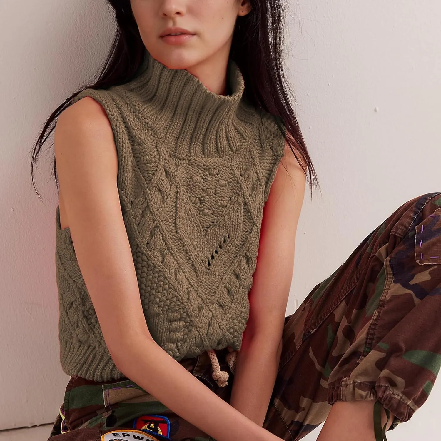Womens Turtleneck Sweater Vest Crochet Cable Knit Sleeveless Vest Tops Casual Summer Boho Chunky Tank Pullover