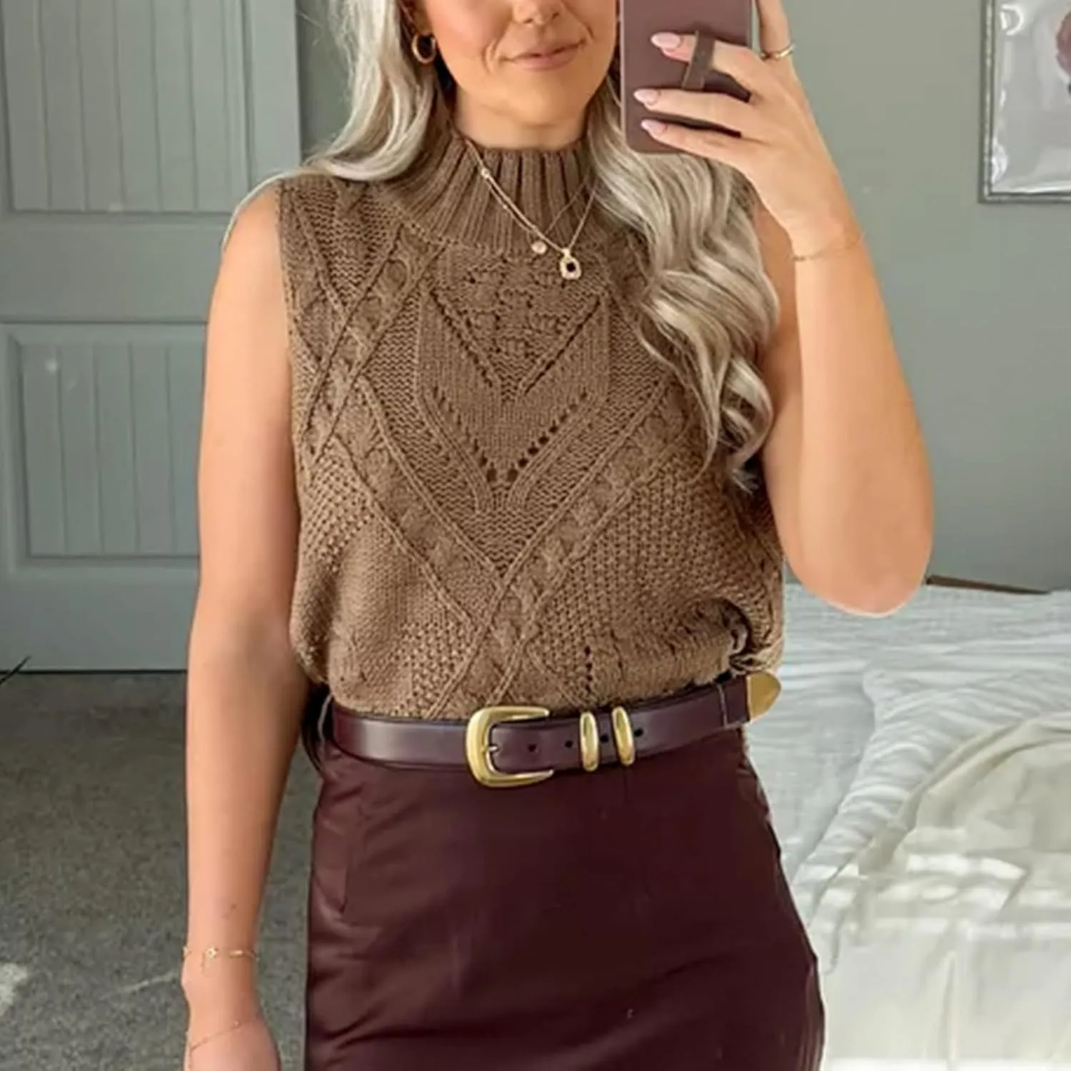 Womens Turtleneck Sweater Vest Crochet Cable Knit Sleeveless Vest Tops Casual Summer Boho Chunky Tank Pullover