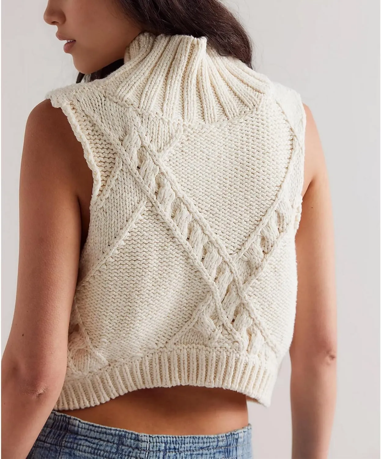 Womens Turtleneck Sweater Vest Crochet Cable Knit Sleeveless Vest Tops Casual Summer Boho Chunky Tank Pullover