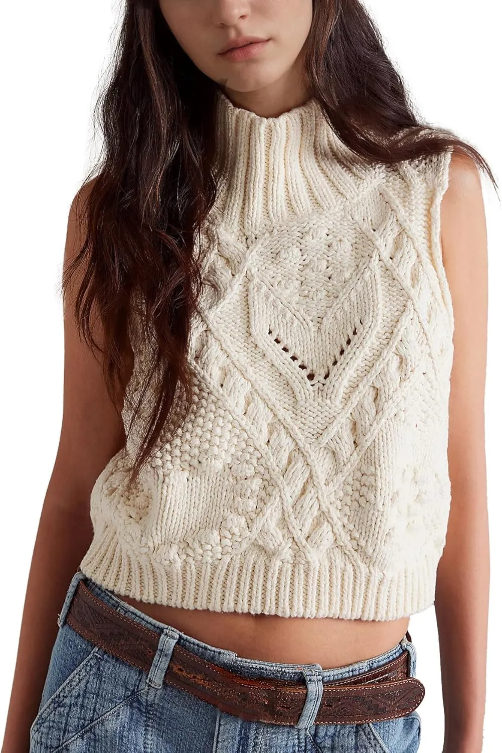 Womens Turtleneck Sweater Vest Crochet Cable Knit Sleeveless Vest Tops Casual Summer Boho Chunky Tank Pullover