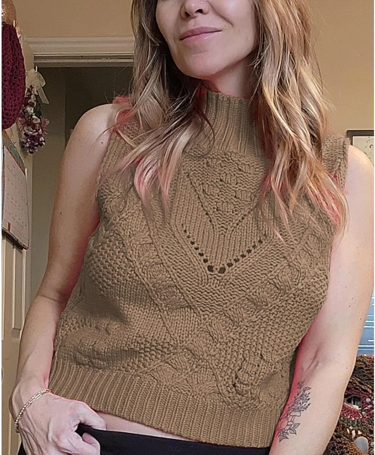 Womens Turtleneck Sweater Vest Crochet Cable Knit Sleeveless Vest Tops Casual Summer Boho Chunky Tank Pullover