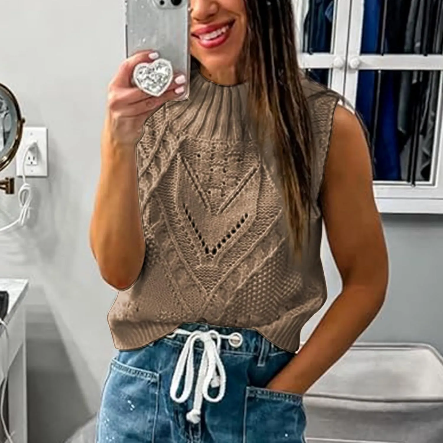 Womens Turtleneck Sweater Vest Crochet Cable Knit Sleeveless Vest Tops Casual Summer Boho Chunky Tank Pullover