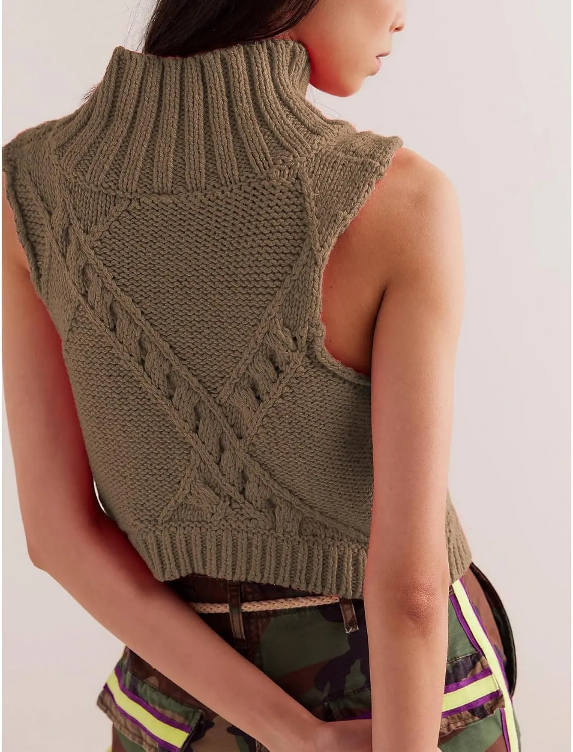 Womens Turtleneck Sweater Vest Crochet Cable Knit Sleeveless Vest Tops Casual Summer Boho Chunky Tank Pullover