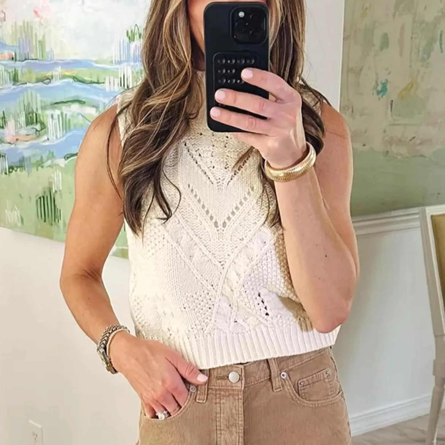 Womens Turtleneck Sweater Vest Crochet Cable Knit Sleeveless Vest Tops Casual Summer Boho Chunky Tank Pullover