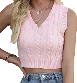 Women's V-Neck Knit Sweater Vest Solid Color Sleeveless Crop Knit Vest Sweaters