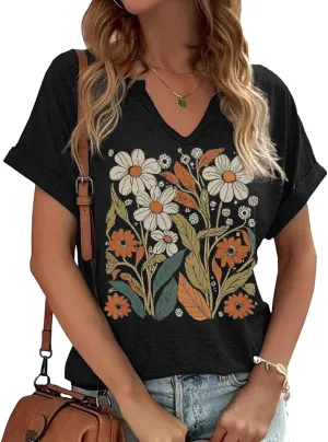 Womens Vintage Flowers V Neck Shirt Boho Floral Wildflowers Graphic Tee Casual Graphic Tees Tops for Girl
