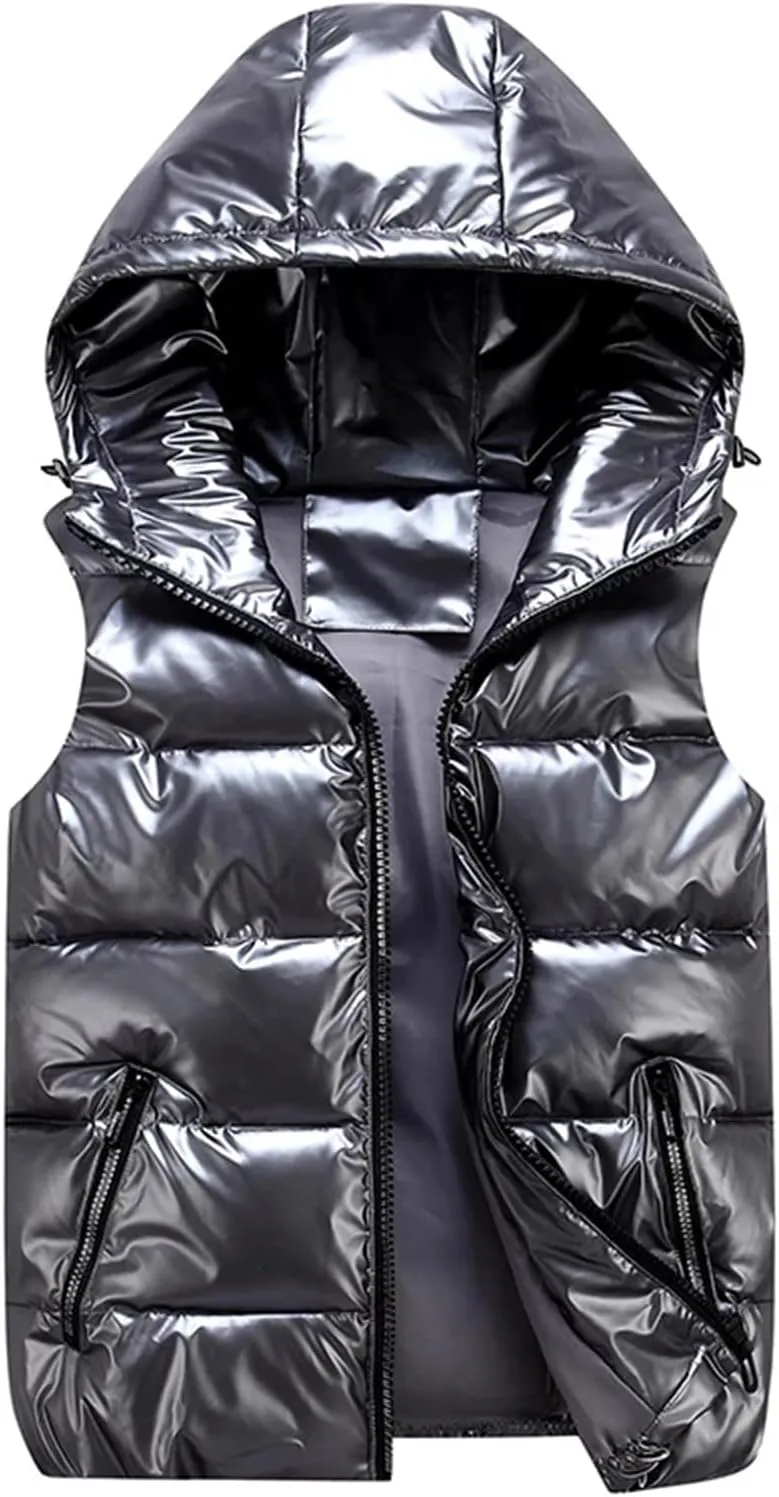Women's Winter Hooded Short Vests - Solid Color Cotton Padded Sleeveless Warm Coat