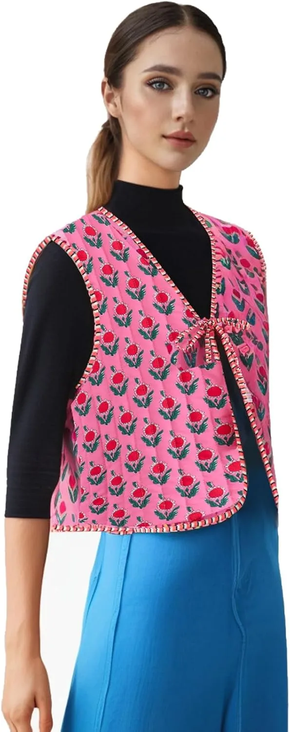 Women's Y2K Sleeveless Floral Quilted Puffer Vest Open Front Tie Cropped V-Neck Outwear Vest Lightweight Two-Sided Wearable