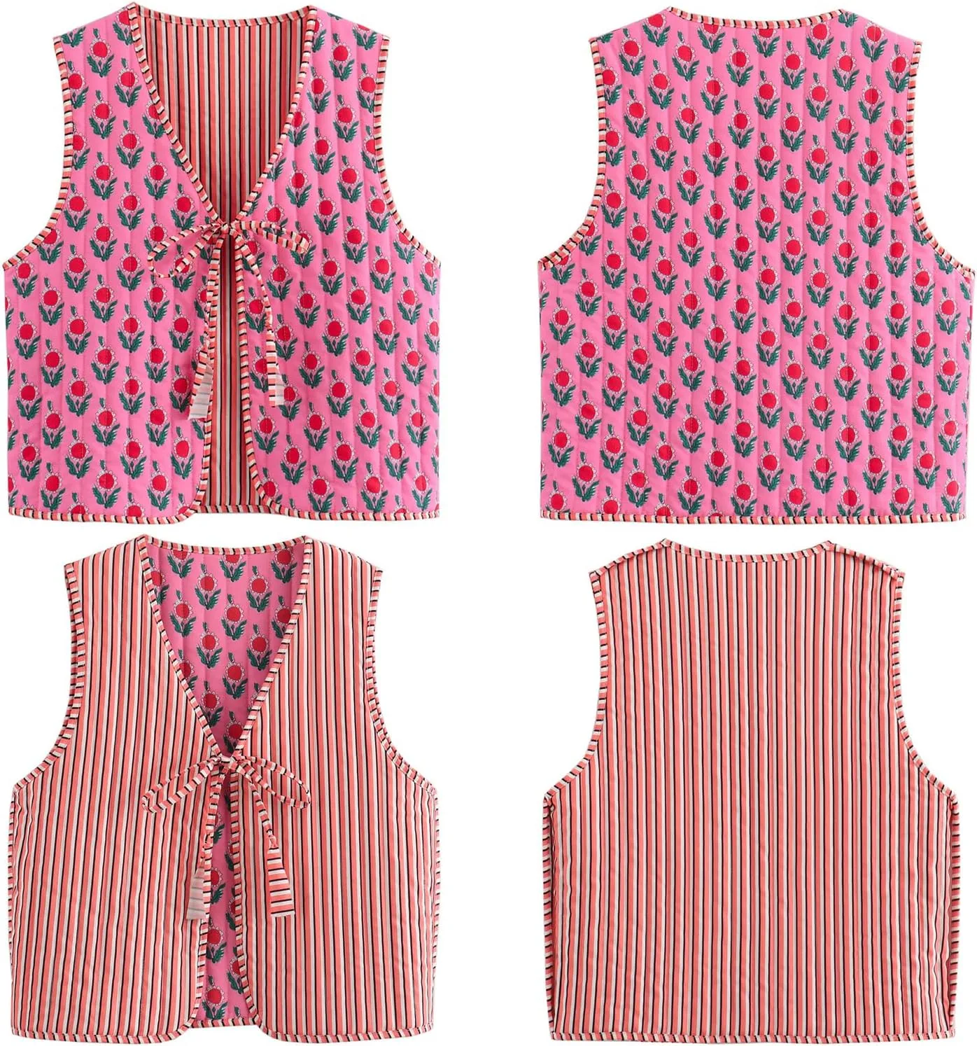 Women's Y2K Sleeveless Floral Quilted Puffer Vest Open Front Tie Cropped V-Neck Outwear Vest Lightweight Two-Sided Wearable