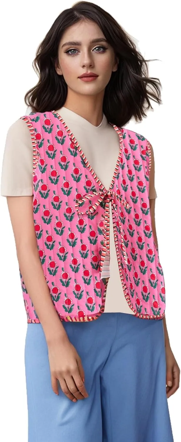 Women's Y2K Sleeveless Floral Quilted Puffer Vest Open Front Tie Cropped V-Neck Outwear Vest Lightweight Two-Sided Wearable