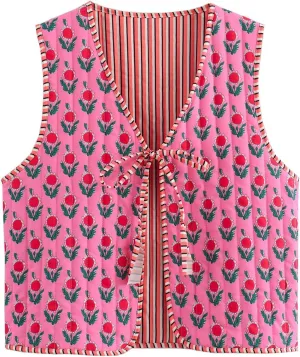 Women's Y2K Sleeveless Floral Quilted Puffer Vest Open Front Tie Cropped V-Neck Outwear Vest Lightweight Two-Sided Wearable