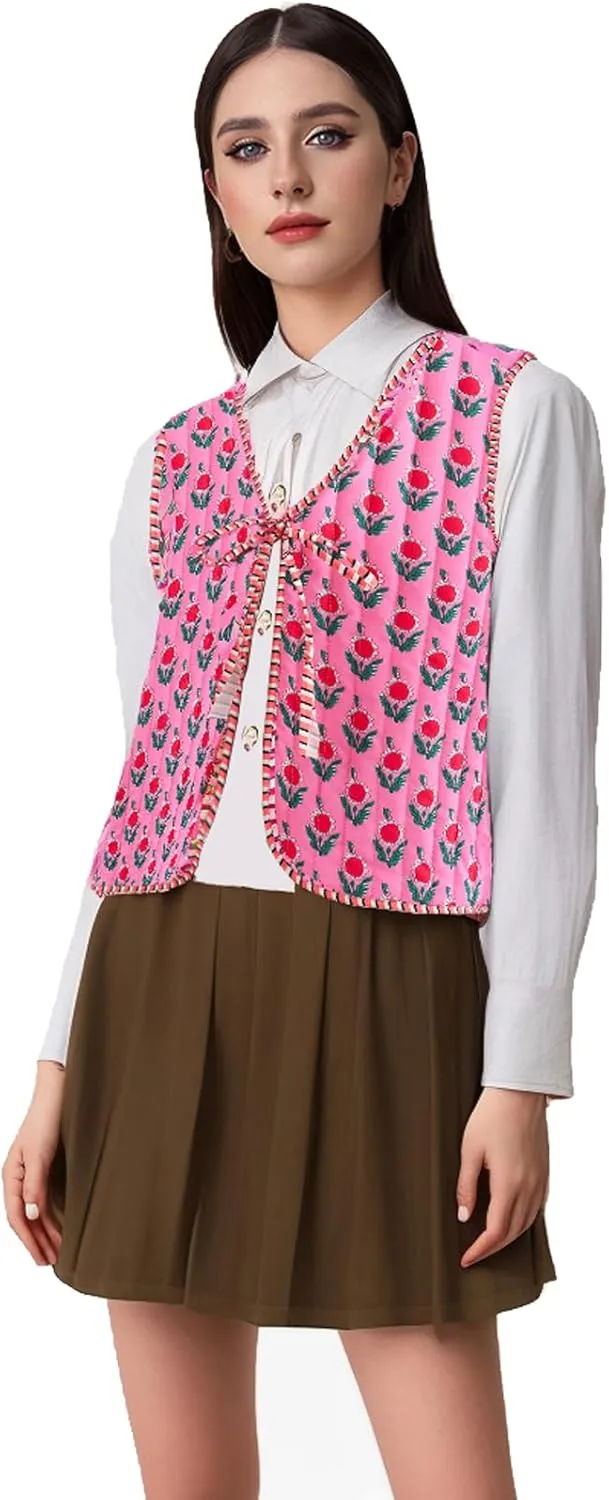 Women's Y2K Sleeveless Floral Quilted Puffer Vest Open Front Tie Cropped V-Neck Outwear Vest Lightweight Two-Sided Wearable