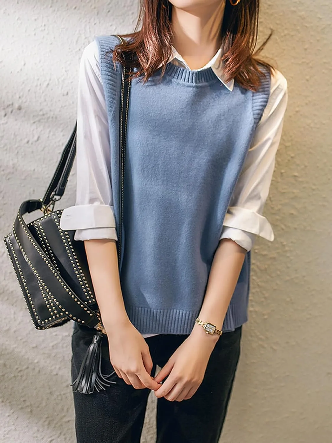 Wowcarbazole Women's Sleeveless Sweater Vest Casual Crew Neck Ribbed Knit Pullover Tops Loose Fit Full Clothes