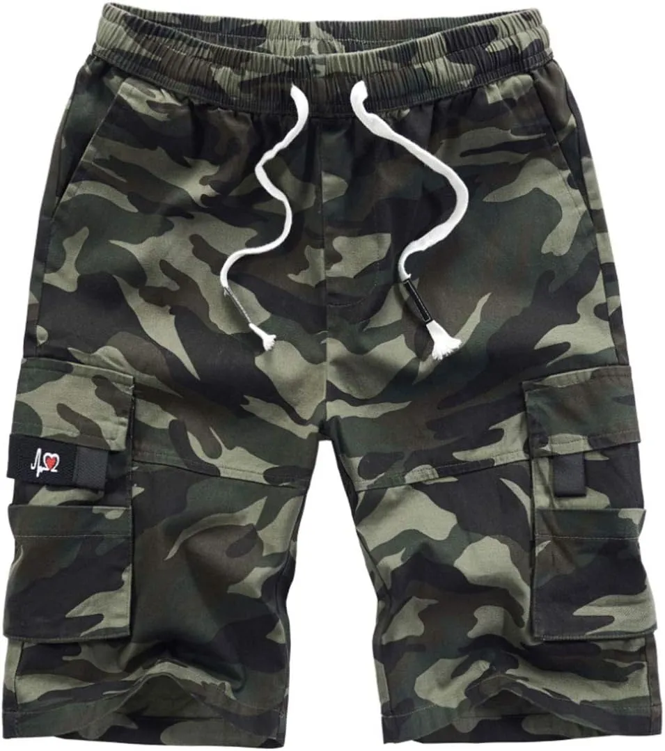 XinYangNi Men's Cargo Shorts Elastic Waist Relaxed Fit Cotton Casual Outdoor Lightweight Work Shorts Multi-Pockets