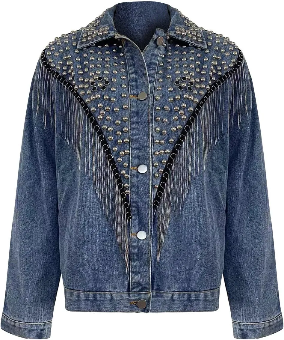 XUNRYAN Womens Fringe Denim Jackets Trendy Lightweight Casual Button Shacket Jacket Tassel Coat Hippie Outfit Fashion Clothes
