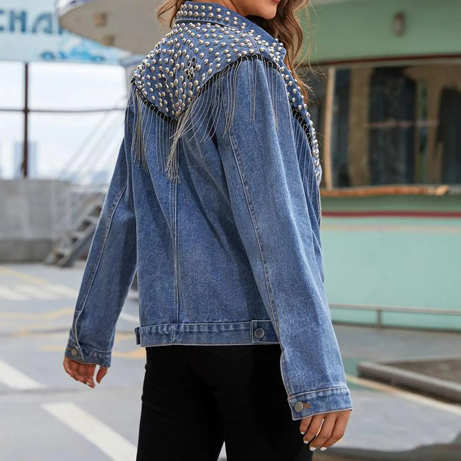 XUNRYAN Womens Fringe Denim Jackets Trendy Lightweight Casual Button Shacket Jacket Tassel Coat Hippie Outfit Fashion Clothes