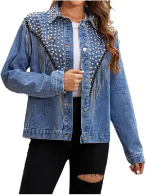 XUNRYAN Womens Fringe Denim Jackets Trendy Lightweight Casual Button Shacket Jacket Tassel Coat Hippie Outfit Fashion Clothes