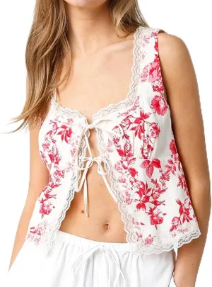 Y2k Front Tie Up Cami Tops for Women Sleeveless Floral Printed Spaghetti Strap Tank Top Trendy Going Out Camisole