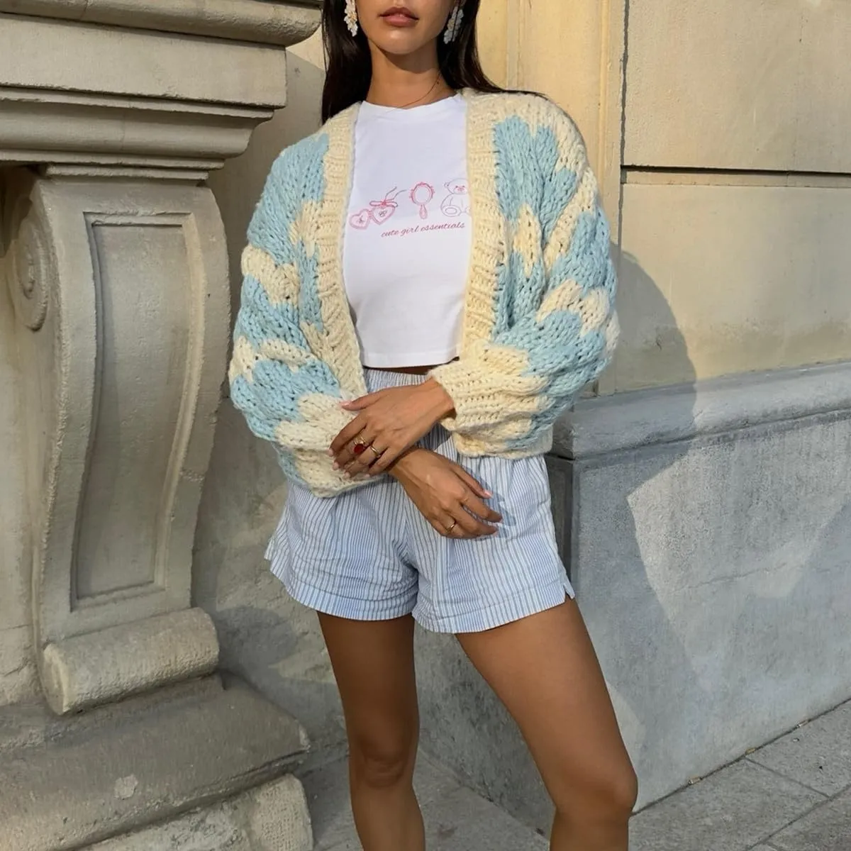 Y2k Open Front Cardigan for Women Chunky Knit Color Block Oversized Sweaters Fall Cardigan Outwear