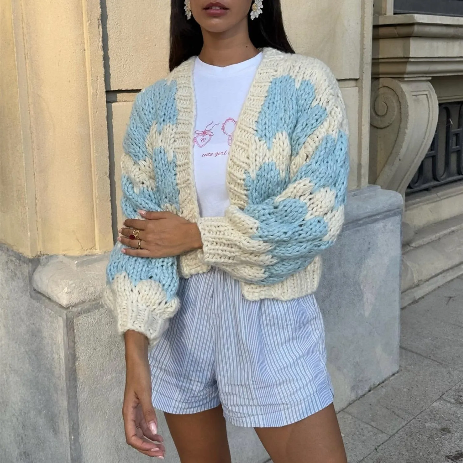 Y2k Open Front Cardigan for Women Chunky Knit Color Block Oversized Sweaters Fall Cardigan Outwear
