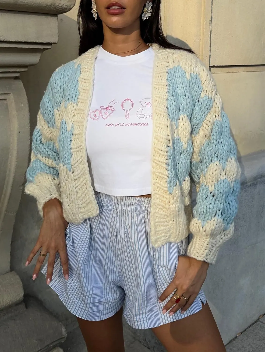 Y2k Open Front Cardigan for Women Chunky Knit Color Block Oversized Sweaters Fall Cardigan Outwear