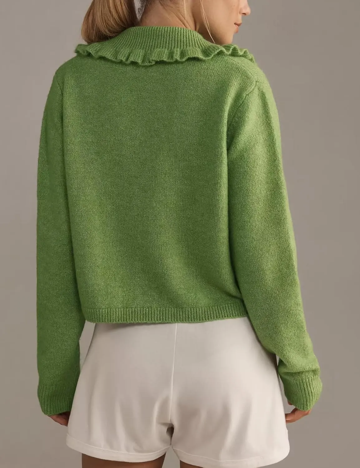 Yimoon Ruffle Collar Cardigan Sweater for Women Open Front Button Down Long Sleeve Cute Cropped Knit Outerwear