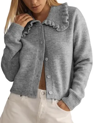 Yimoon Ruffle Collar Cardigan Sweater for Women Open Front Button Down Long Sleeve Cute Cropped Knit Outerwear