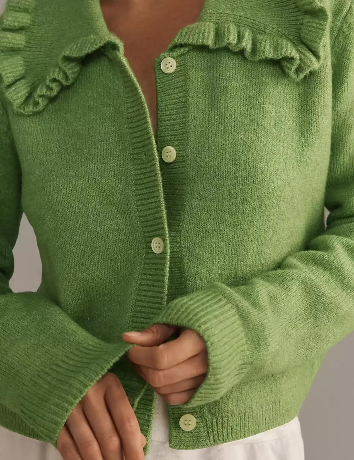 Yimoon Ruffle Collar Cardigan Sweater for Women Open Front Button Down Long Sleeve Cute Cropped Knit Outerwear