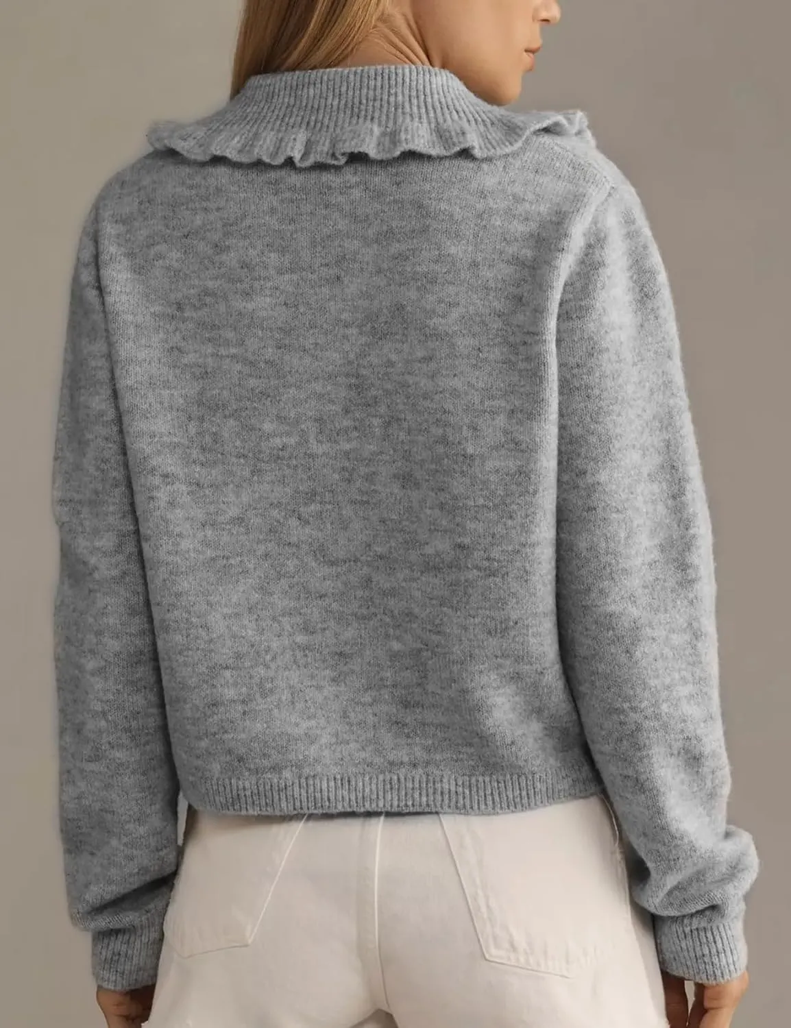 Yimoon Ruffle Collar Cardigan Sweater for Women Open Front Button Down Long Sleeve Cute Cropped Knit Outerwear