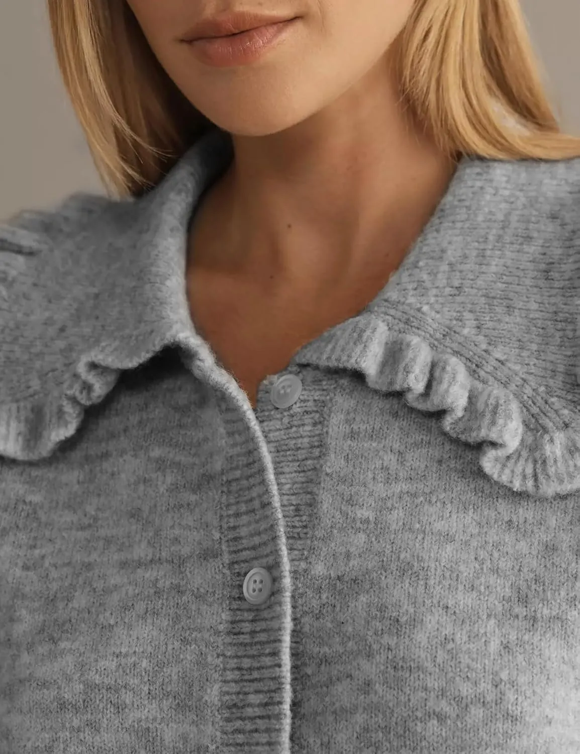 Yimoon Ruffle Collar Cardigan Sweater for Women Open Front Button Down Long Sleeve Cute Cropped Knit Outerwear