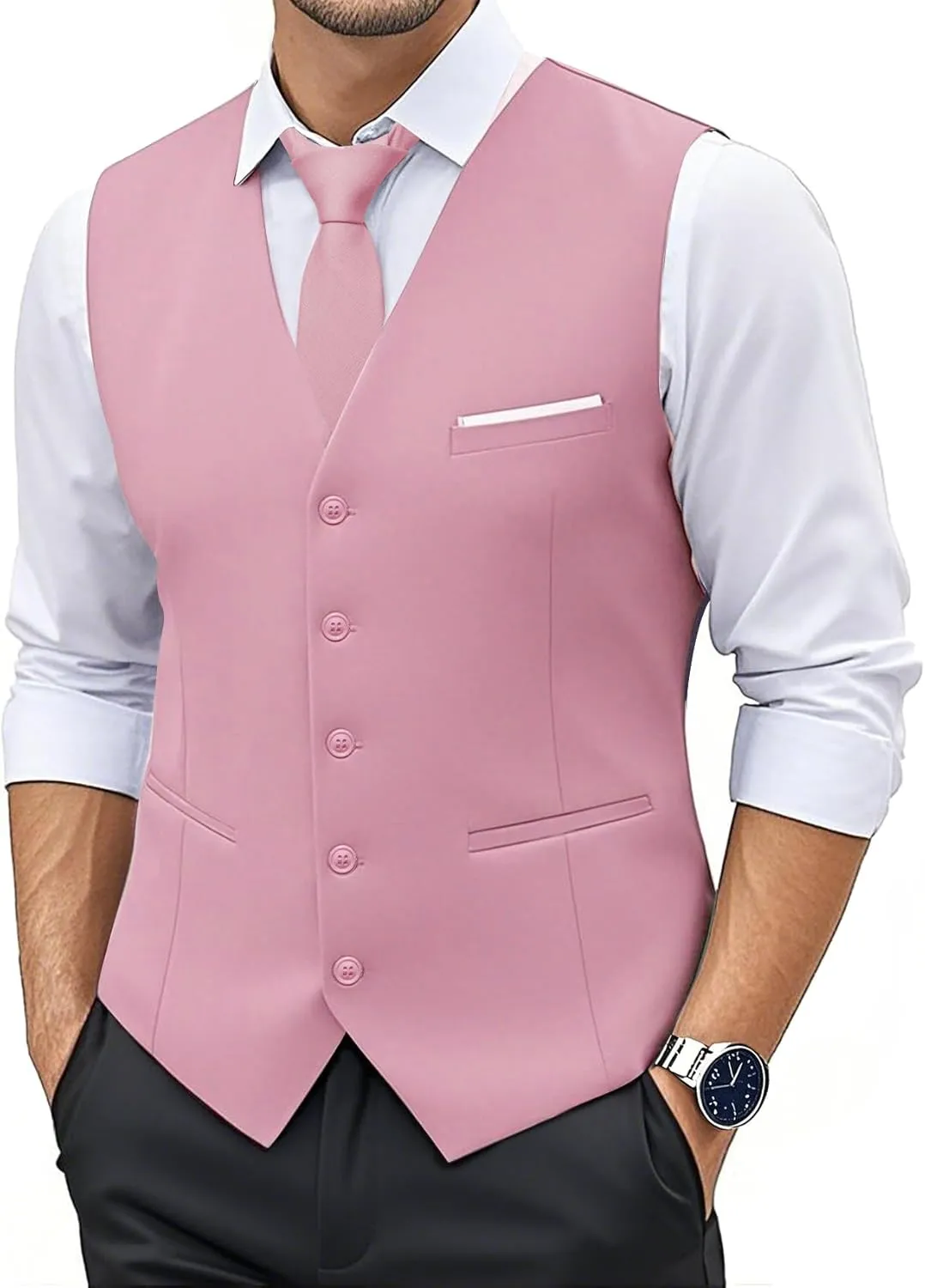 YOHOWA Men's Formal Suit Vest and Tie Set Business Casual Waistcoat Solid Colors Wedding Western Tuxedo Vest V-Neck