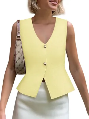 Yousify Womens Sweater Vest V Neck Button Down Crop Knit Tank Top Fashion 2025 Sleeveless Basic Cardigans