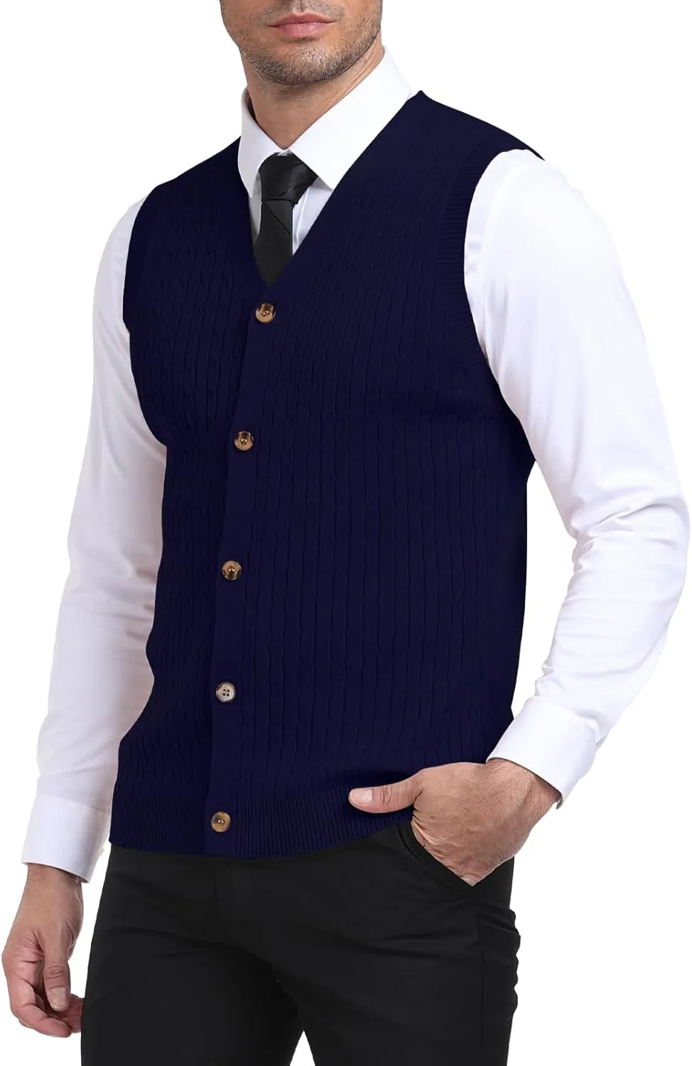 YTD Men's Sleeveless Sweater Vest V-Neck Casual Cable Knit Button Down Cardigan Vest