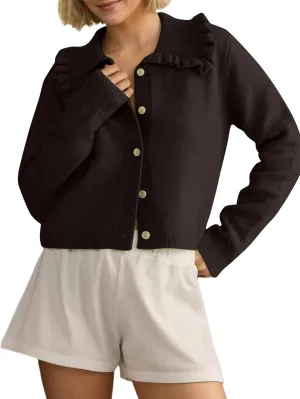Ythomm Womens Ruffle Collar Cropped Cardigans Button Down Open Front Long Sleeve Knit Sweater Jackets Casual Solid Fall Tops