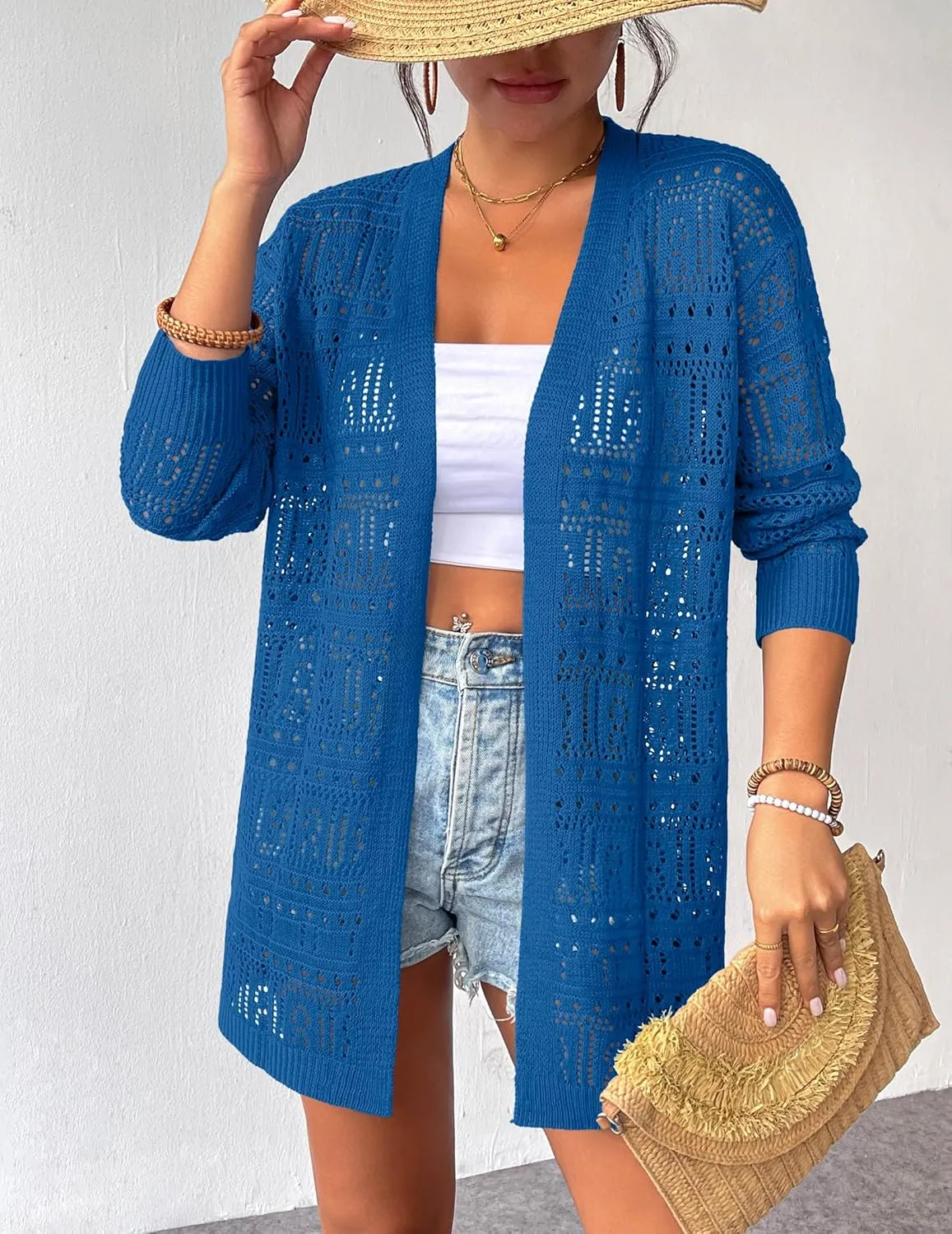 Zeagoo Womens 2025 Summer Crochet Cardigan Sweaters Lightweight Long Sleeve Open Front Kimono Boho Knit Cover Ups