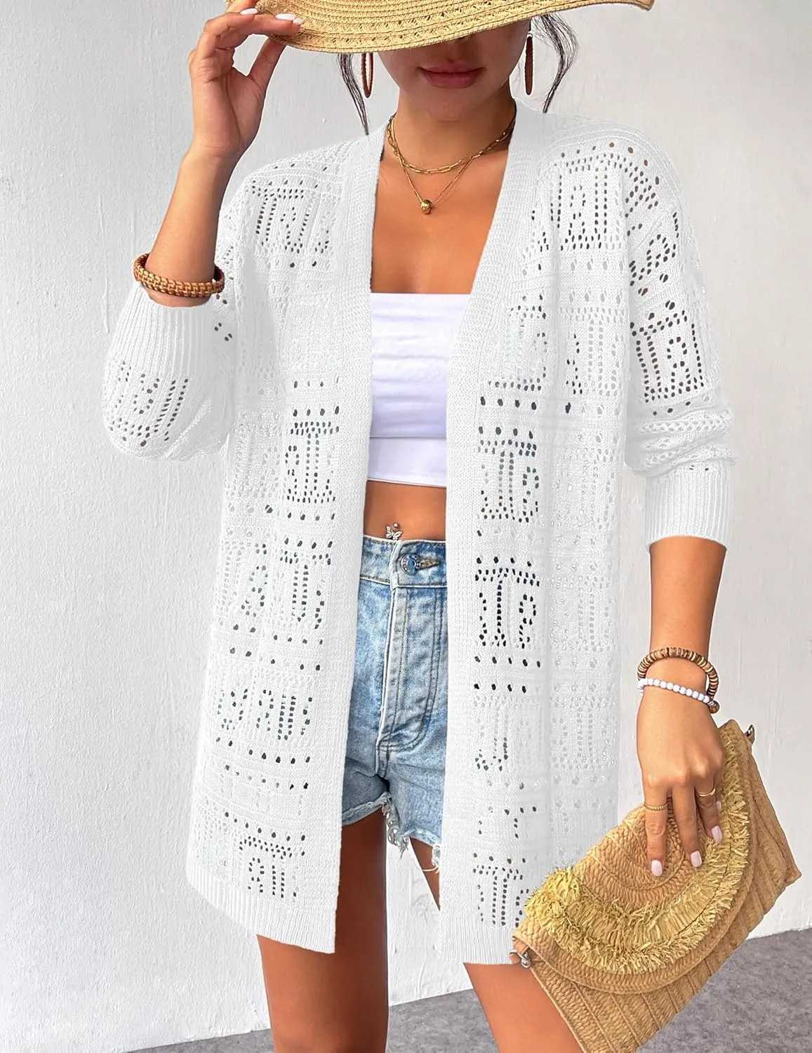 Zeagoo Womens 2025 Summer Crochet Cardigan Sweaters Lightweight Long Sleeve Open Front Kimono Boho Knit Cover Ups