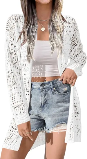 Zeagoo Womens 2025 Summer Crochet Cardigan Sweaters Lightweight Long Sleeve Open Front Kimono Boho Knit Cover Ups