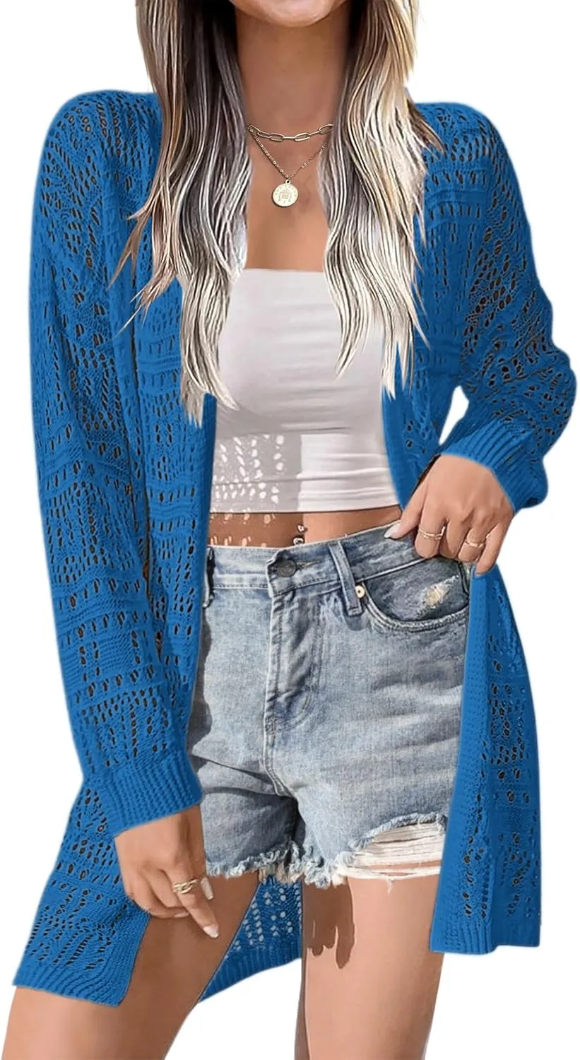 Zeagoo Womens 2025 Summer Crochet Cardigan Sweaters Lightweight Long Sleeve Open Front Kimono Boho Knit Cover Ups