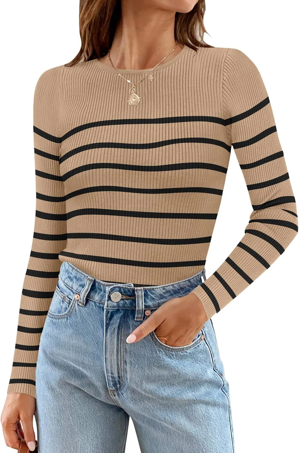 ZESICA Women's Long Sleeve Crewneck Striped Shirts Spring Ribbed Knit Sweater Slim Fitted Casual Basic Tee Tops