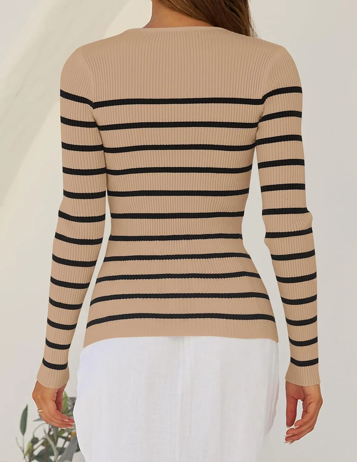 ZESICA Women's Long Sleeve Crewneck Striped Shirts Spring Ribbed Knit Sweater Slim Fitted Casual Basic Tee Tops