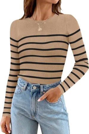 ZESICA Women's Long Sleeve Crewneck Striped Shirts Spring Ribbed Knit Sweater Slim Fitted Casual Basic Tee Tops