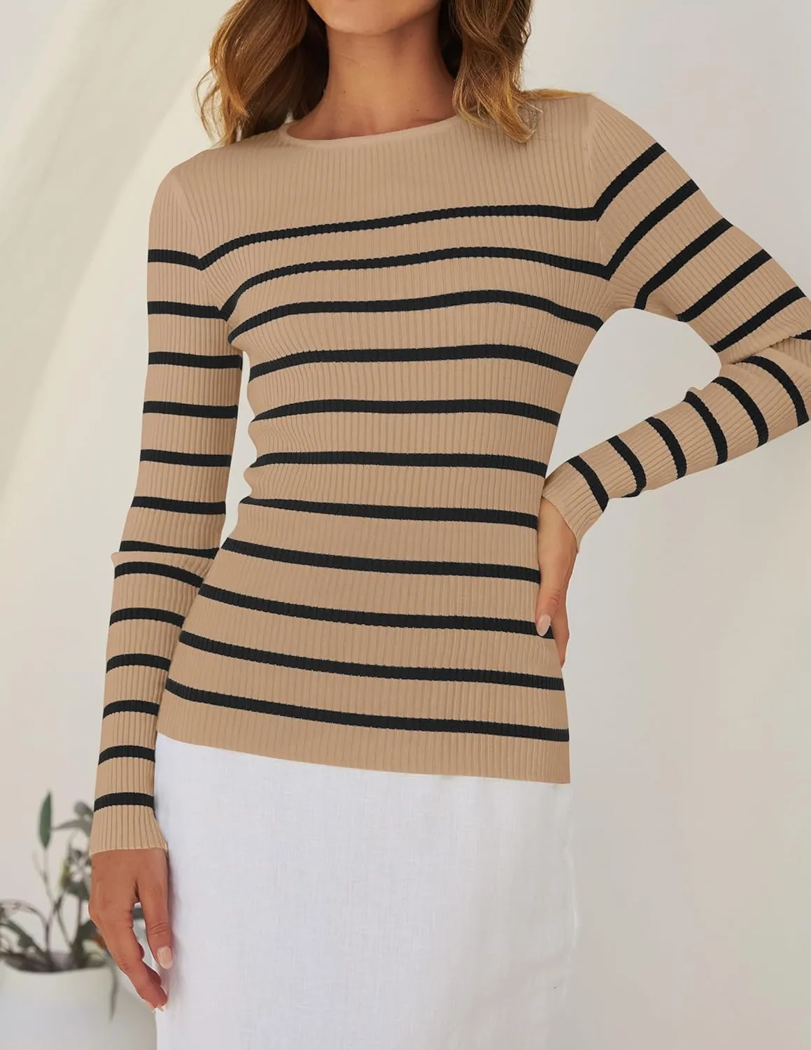ZESICA Women's Long Sleeve Crewneck Striped Shirts Spring Ribbed Knit Sweater Slim Fitted Casual Basic Tee Tops