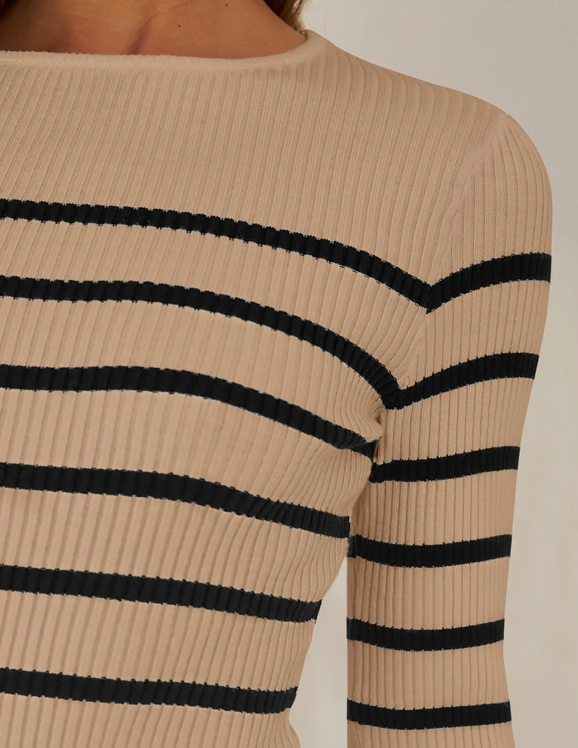 ZESICA Women's Long Sleeve Crewneck Striped Shirts Spring Ribbed Knit Sweater Slim Fitted Casual Basic Tee Tops